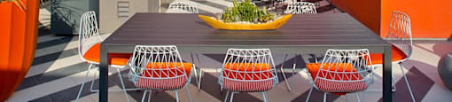 A table with chairs and a potted plant on a patio.
