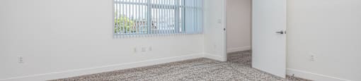 an empty living room with carpet and a window