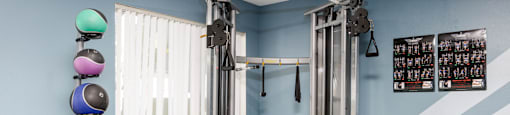 a gym with weights and cardio equipment in a home with blue walls