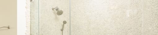 a bathroom with a shower and a bath tub