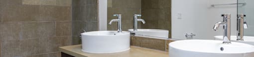 a bathroom with two sinks and a large mirror