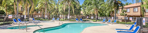 our apartments have a resort style pool with chairs and palm trees