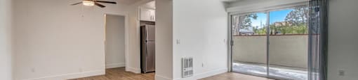 an empty living room with a sliding glass door