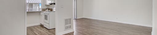 a bedroom with a ceiling fan and a kitchen in the background