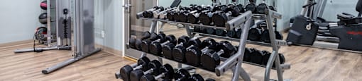 a gym with weights and mirrors on the wall and a glass door