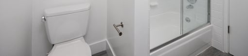 a bathroom with a toilet and a shower