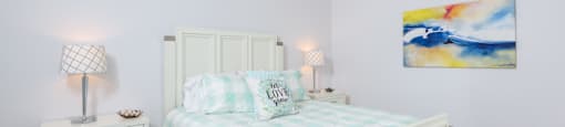 a bedroom with a bed and a night stand with lamps