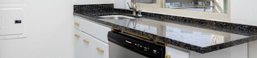 a kitchen with a sink and a window and a dishwasher