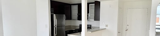 A kitchen with a refrigerator, microwave, and oven.