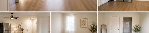 A series of images showing different views of a modern, empty living space with wooden floors and white walls.
