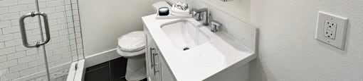 a bathroom with a sink and a shower and a mirror