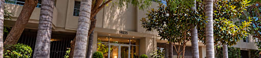 The image shows a building entrance surrounded by trees and plants.