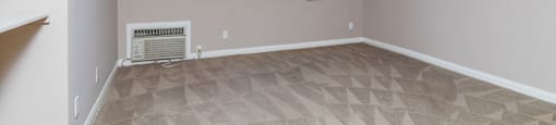 A room with a window and a carpeted floor.