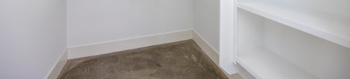 a walk in closet with white shelving and a carpet