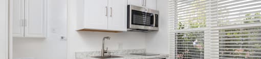 a kitchen with a sink and a microwave and a window