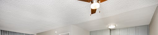 A kitchen with a fan on the ceiling and a countertop with a microwave and toaster.