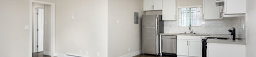 a renovated kitchen with white cabinets and stainless steel appliances