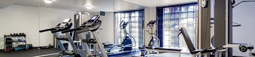 a gym with cardio machines and weights on the floor and a large window