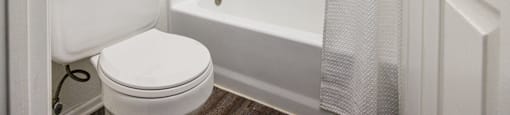 A white toilet is next to a bathtub in a bathroom.