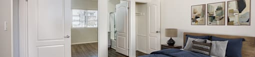 A bedroom with a bed, a nightstand, and a mirror.