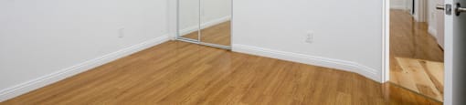 a living room with white walls and wood floors and a mirrored closet