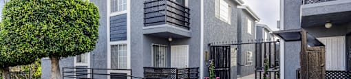 a grey building with a driveway and a tree in front of it
