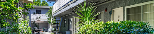 a sidewalk in front of a building with bushes and plants