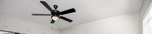 A room with a ceiling fan and wooden flooring.
