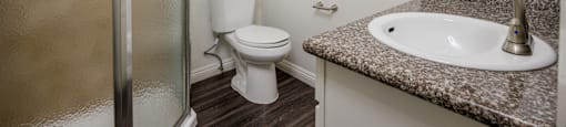 A bathroom with a toilet, sink, and shower.