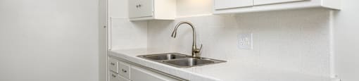 A white kitchen with a sink and cabinets.