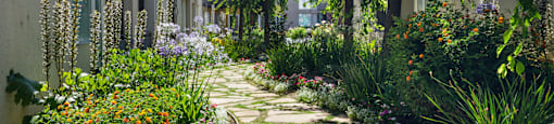 a stone path in a garden next to a building