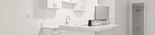 A white kitchen with a sink and cabinets.