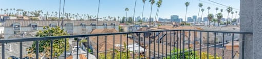 the balcony has views of the city and palm trees
