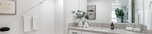 A bathroom with a toilet, sink, and mirror.
