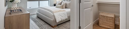 A bedroom with a large bed and a wooden nightstand.