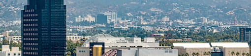 A cityscape with a mountain in the background.