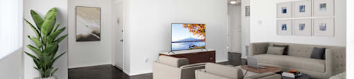 a living room with couches and chairs and a tv