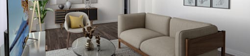 a living room with a couch and a table