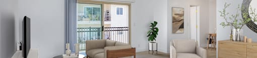 a bedroom with a bed and a living room with a balcony
