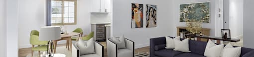 a living room with couches and chairs and a table