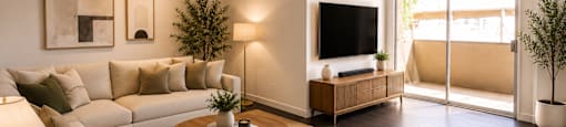 A living room with a white couch, a coffee table, and a television.