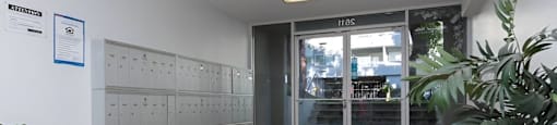 a view of the entrance to a locker room in a building