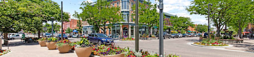 A sunny day in a town square with a row of flower pots and a street lamp.