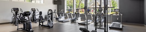 A gym with a variety of exercise equipment and a fan.