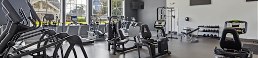 A gym with a variety of equipment including treadmills, stationary bikes, and weight machines.