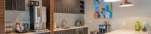 a kitchen with stainless steel appliances and a white counter top