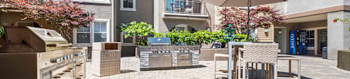 Walnut Creek Apartments for Rent- Ivy Hill- Courtyard Area with Multiple Grilling Stations and Umbrellas Covering Seating Area