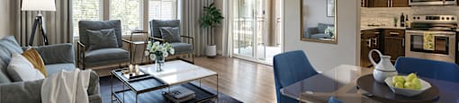 Walnut Creek, CA Apartments for Rent - Ivy Hill - Furnished Living Room with Large Windows, Grey Furniture, and Wood-Style Flooring