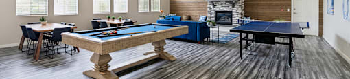 a game room with a pool table and a billiard table