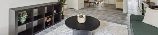 a living room with a couch and a table